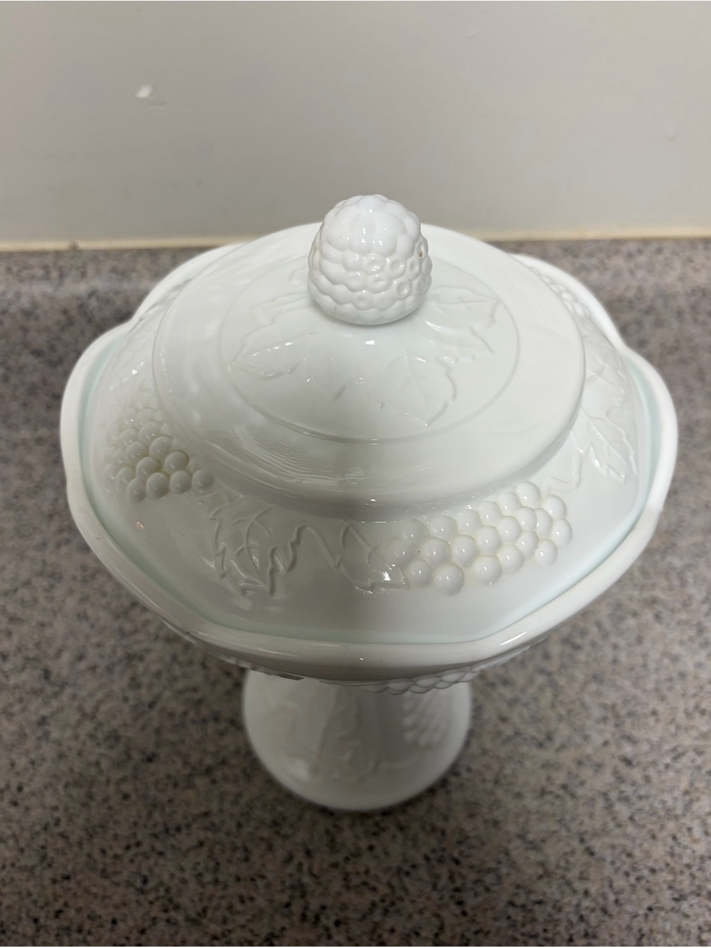 White Milk Glass Compote with Grape Leaf Motif - Picture 3 of 10